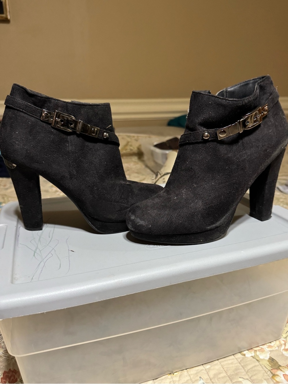 Black Suede High Heel Ankle Booties with Metal Accent Strap